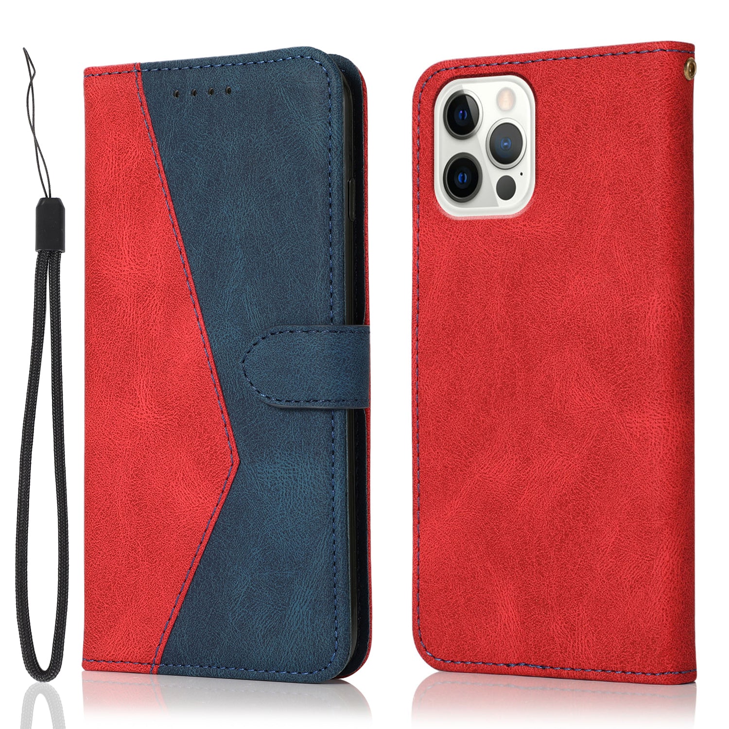 Dual Color Wrist Strap Full Protection Wallet Flip Leather Phone Cover with Stand for iPhone 13 Pro 6.1 inch