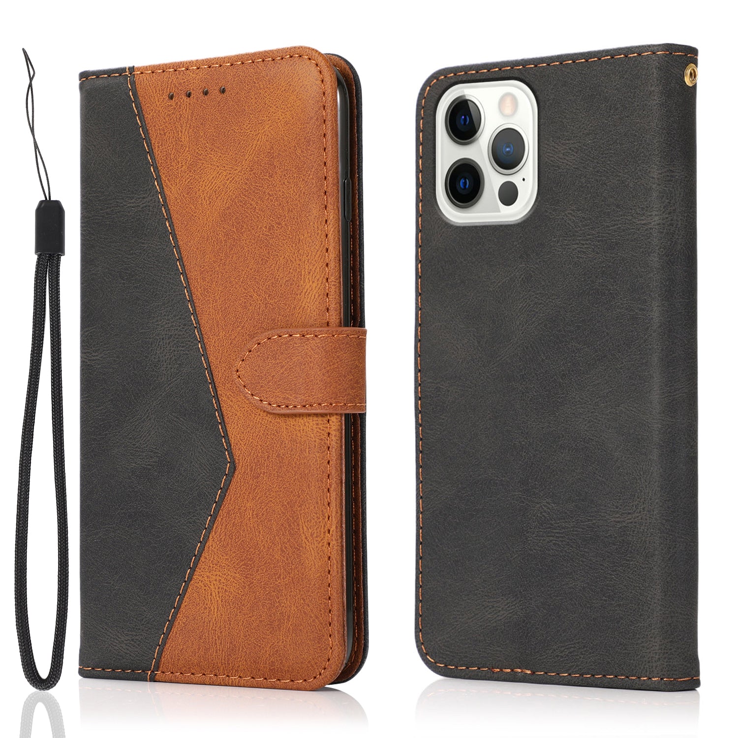 Dual Color Wrist Strap Full Protection Wallet Flip Leather Phone Cover with Stand for iPhone 13 Pro 6.1 inch