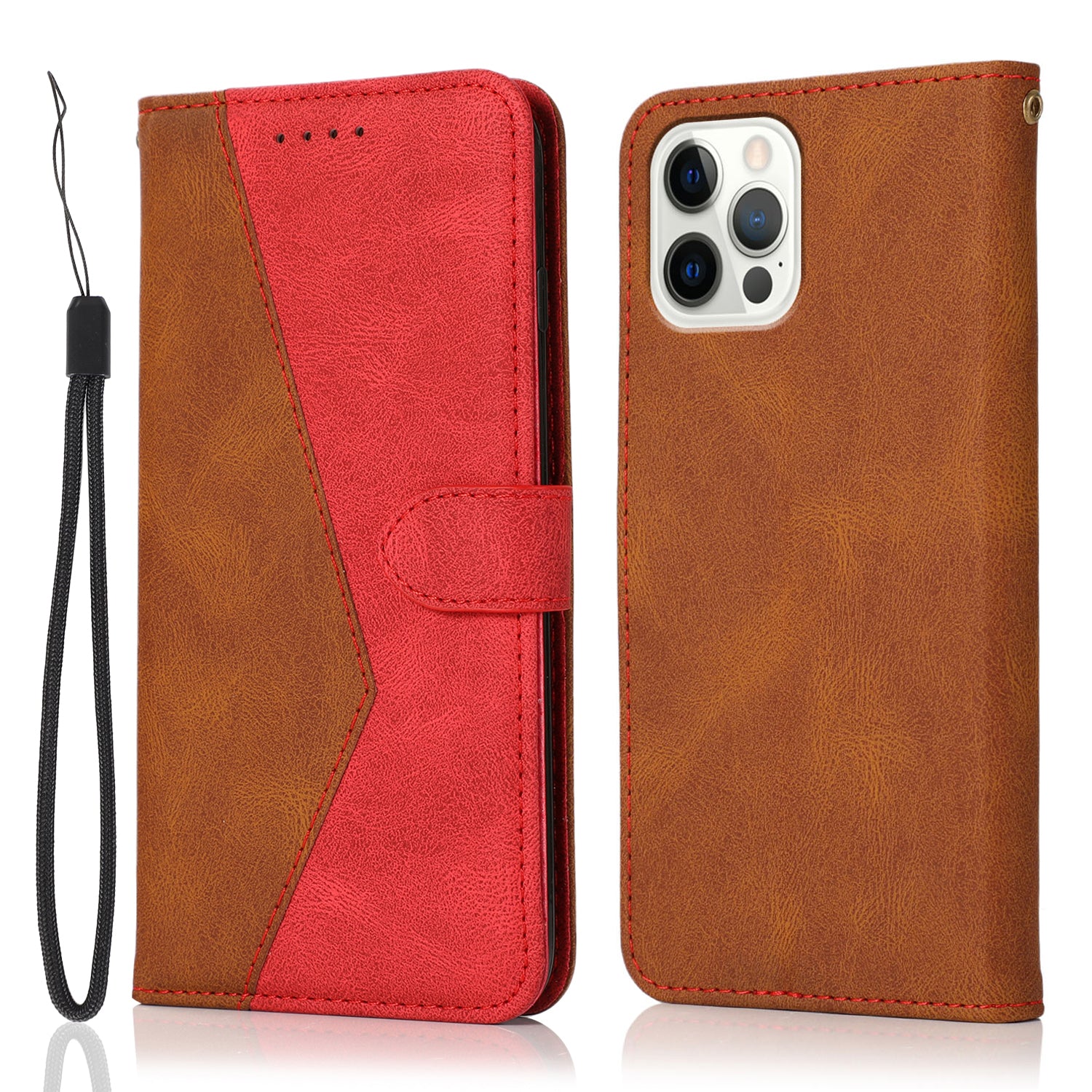 Dual Color Wrist Strap Full Protection Wallet Flip Leather Phone Cover with Stand for iPhone 13 Pro 6.1 inch