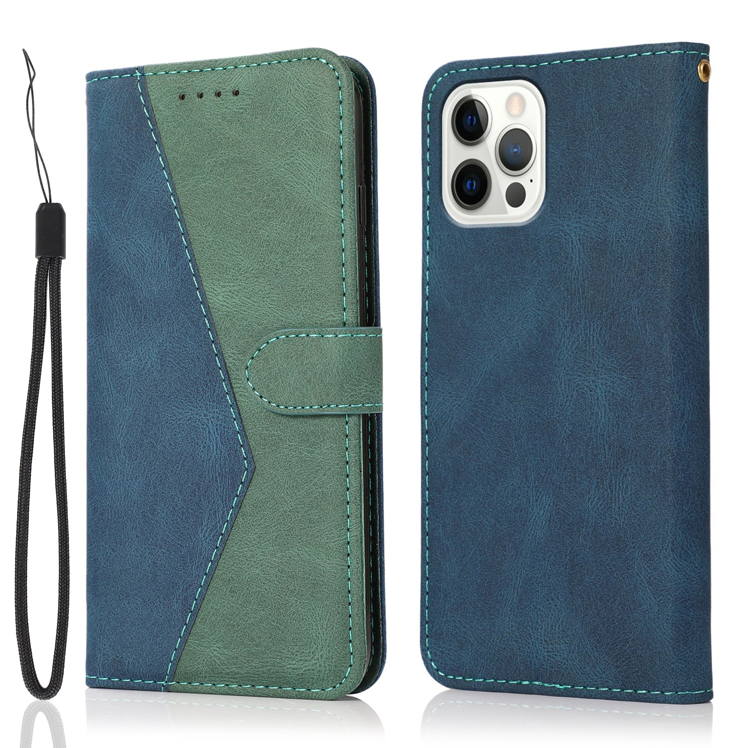 Dual Color Wrist Strap Full Protection Wallet Flip Leather Phone Cover with Stand for iPhone 13 Pro 6.1 inch