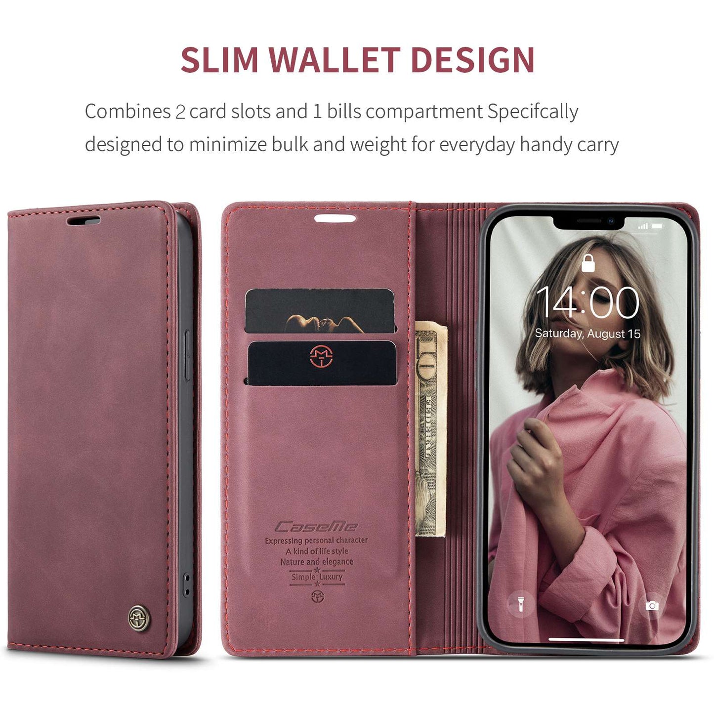 CASEME 013 Series Wallet Stand All-round Protection PU Leather Shell Case for iPhone 13 Pro Max 6.7 inch