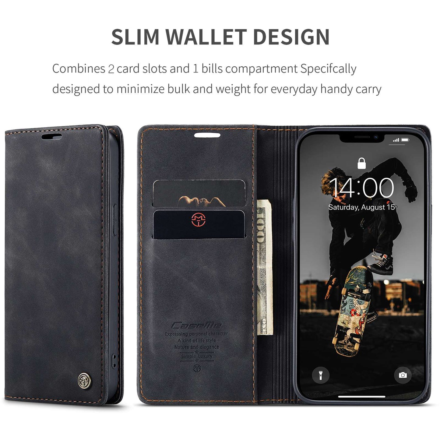 CASEME 013 Series Shockproof PU Leather Wallet Shell Case with Stand for iPhone 13 Pro 6.1 inch