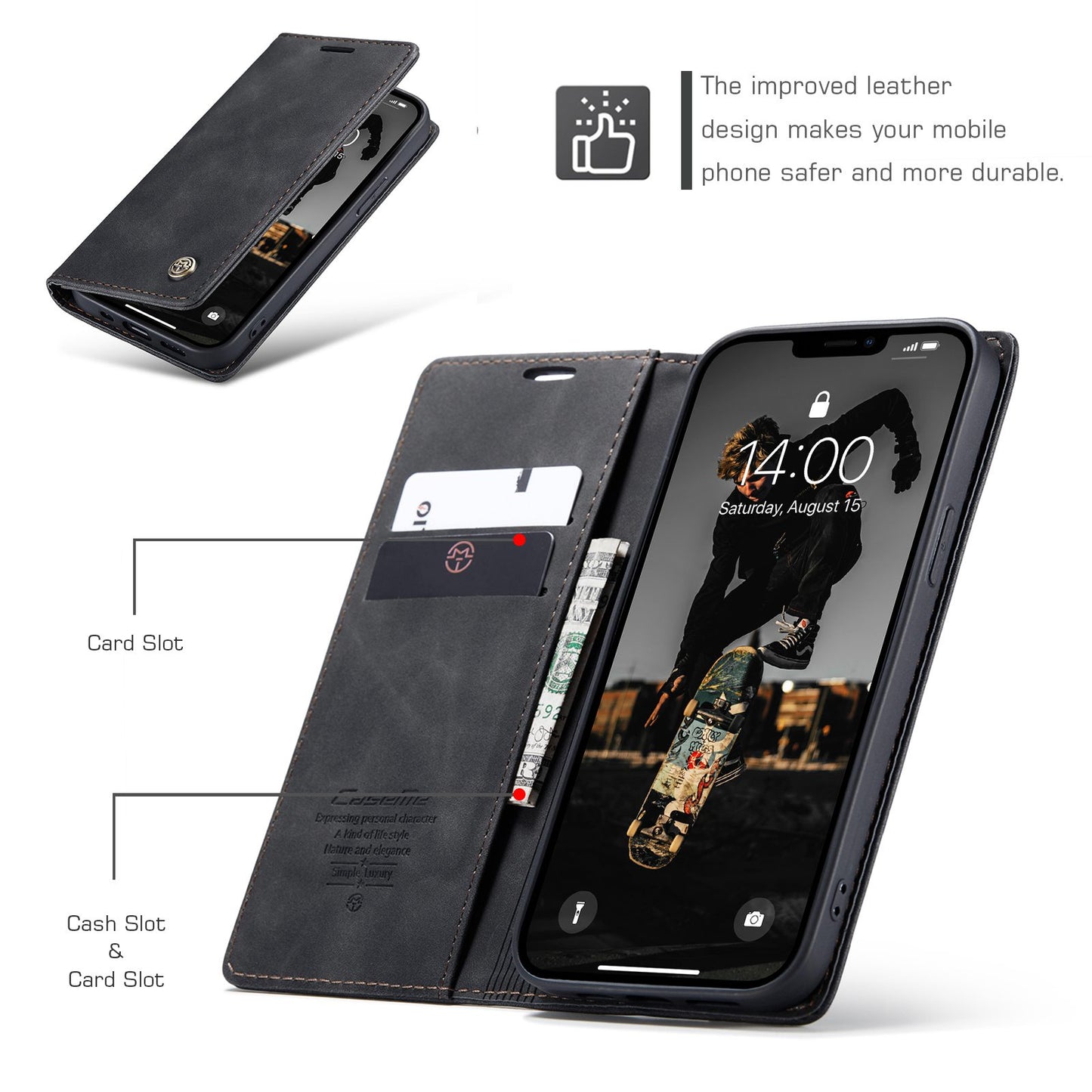 CASEME 013 Series Shockproof PU Leather Wallet Shell Case with Stand for iPhone 13 Pro 6.1 inch