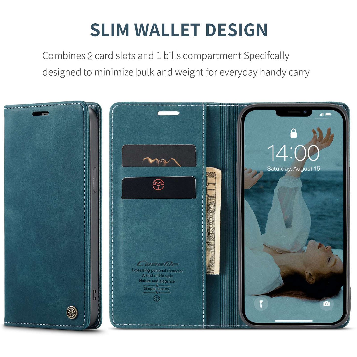 CASEME 013 Series Shockproof PU Leather Wallet Shell Case with Stand for iPhone 13 Pro 6.1 inch