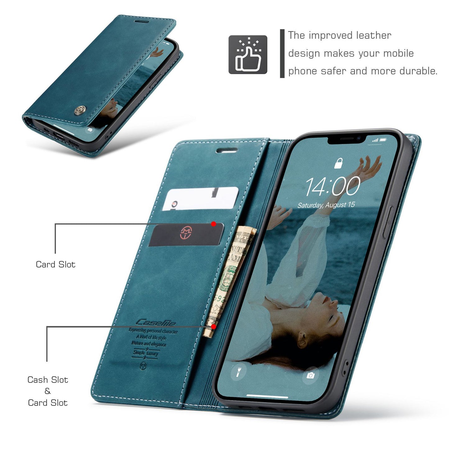 CASEME 013 Series Shockproof PU Leather Wallet Shell Case with Stand for iPhone 13 Pro 6.1 inch