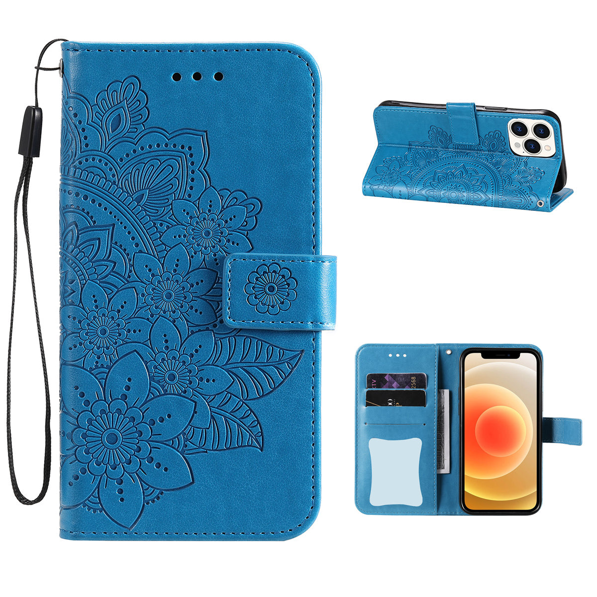 HAT PRINCE PU Leather Imprinting Flower Leather Phone Cover Wallet Case for iPhone 13 Pro 6.1 inch