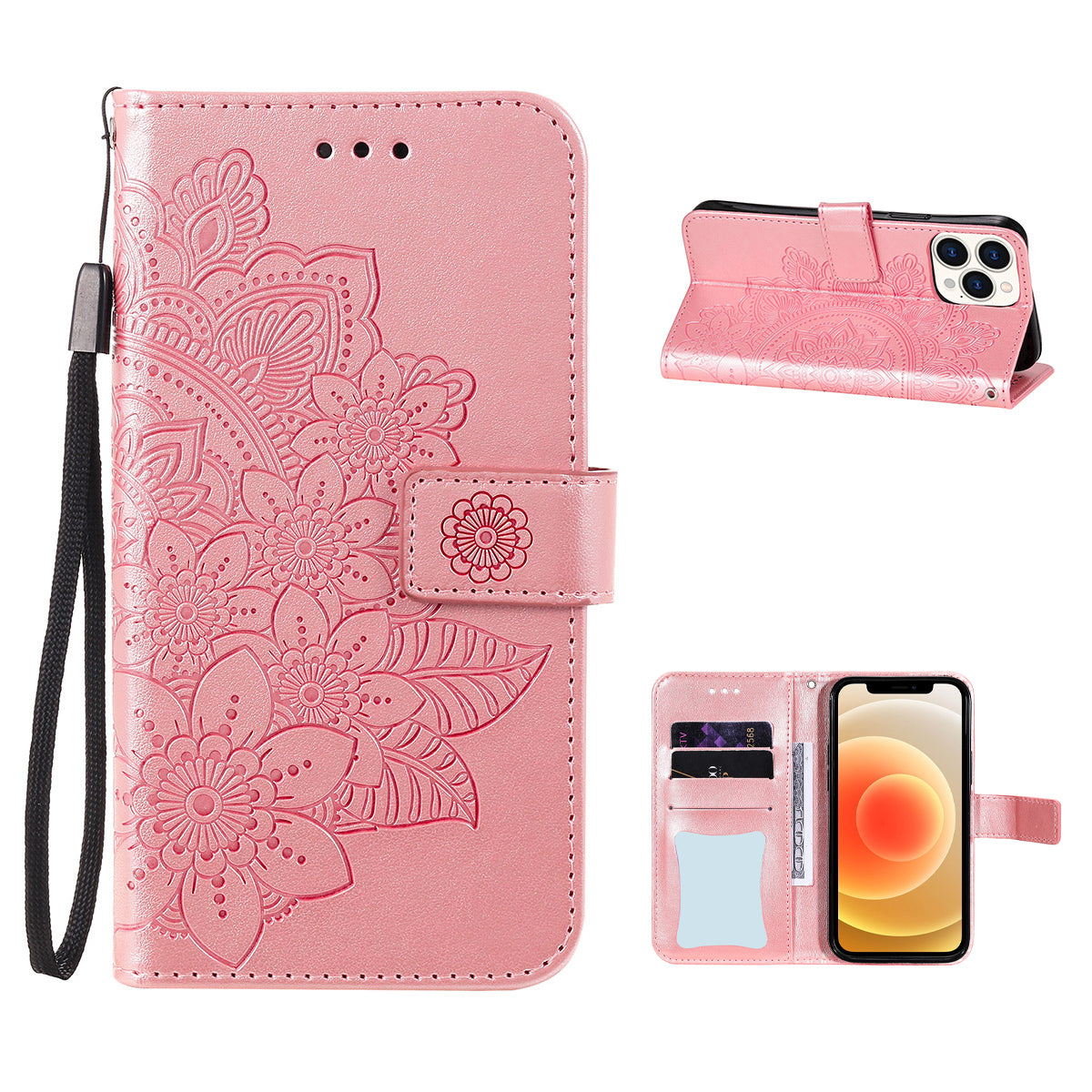 HAT PRINCE PU Leather Imprinting Flower Leather Phone Cover Wallet Case for iPhone 13 Pro 6.1 inch