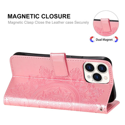 HAT PRINCE PU Leather Imprinting Flower Leather Phone Cover Wallet Case for iPhone 13 Pro 6.1 inch