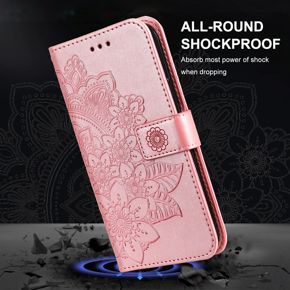 HAT PRINCE PU Leather Imprinting Flower Leather Phone Cover Wallet Case for iPhone 13 Pro 6.1 inch