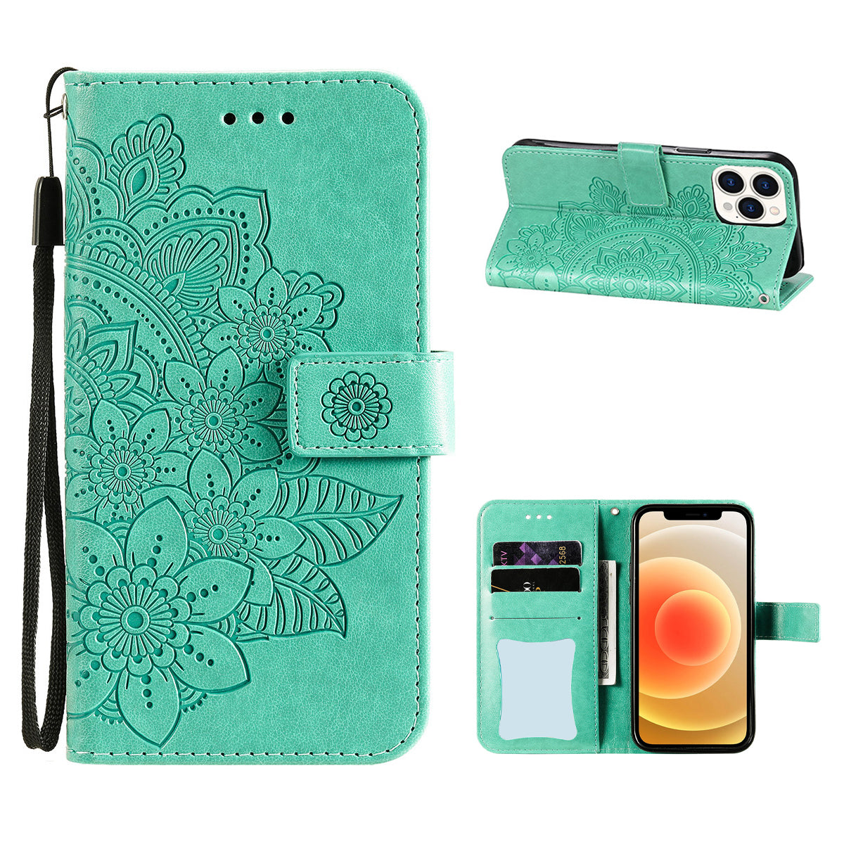 HAT PRINCE PU Leather Imprinting Flower Leather Phone Cover Wallet Case for iPhone 13 Pro 6.1 inch
