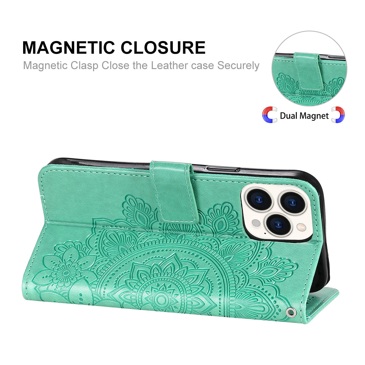 HAT PRINCE PU Leather Imprinting Flower Leather Phone Cover Wallet Case for iPhone 13 Pro 6.1 inch