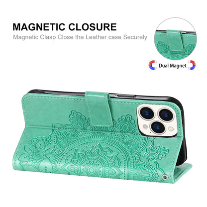 HAT PRINCE PU Leather Imprinting Flower Leather Phone Cover Wallet Case for iPhone 13 Pro 6.1 inch