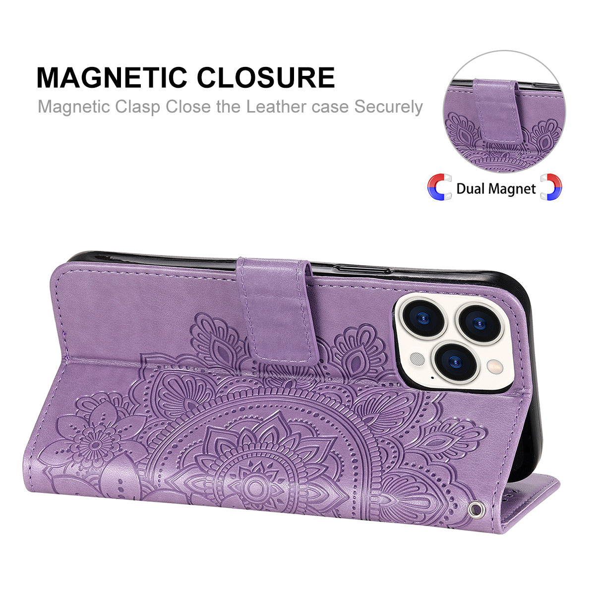HAT PRINCE PU Leather Imprinting Flower Leather Phone Cover Wallet Case for iPhone 13 Pro 6.1 inch