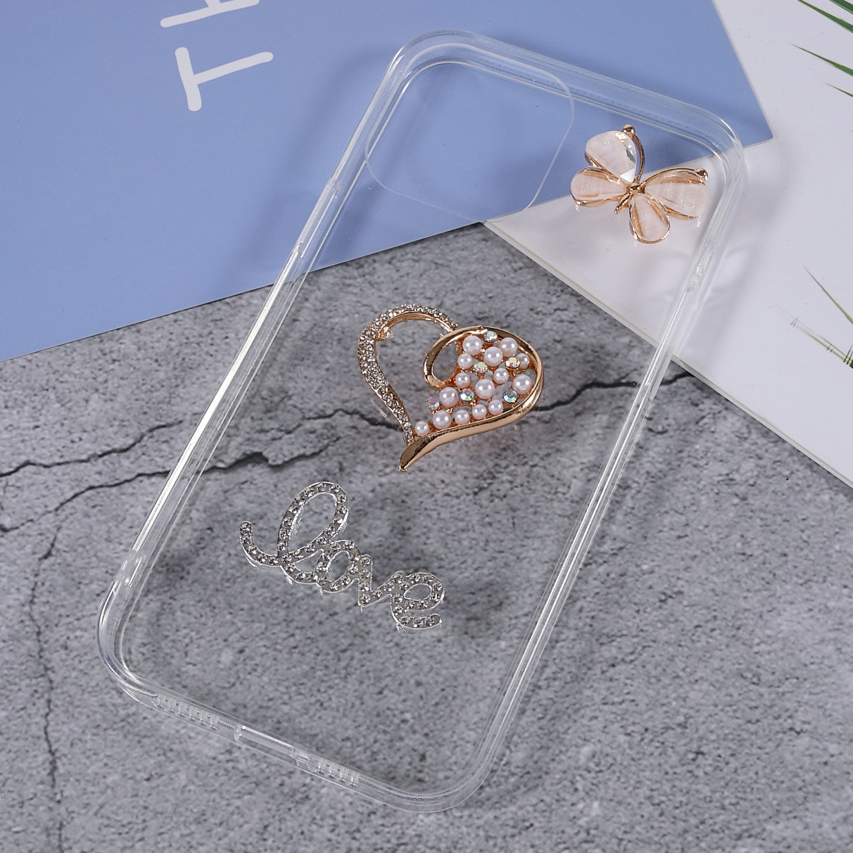 Soft Stylish Love Heart Butterfly Shape Sticking Diamond Decor TPU Rhinestone Case for iPhone 13 Pro Max 6.7 inch