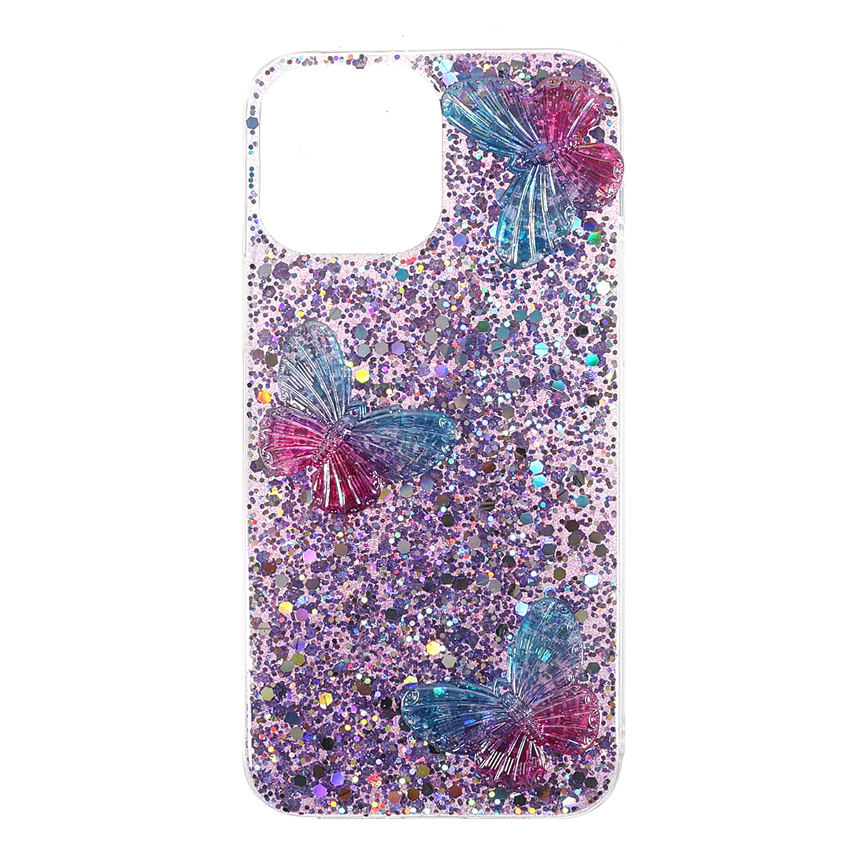 3D Butterfly Pattern Glitter Powder Epoxy TPU Phone Case Protector for iPhone 13 Pro Max 6.7 inch