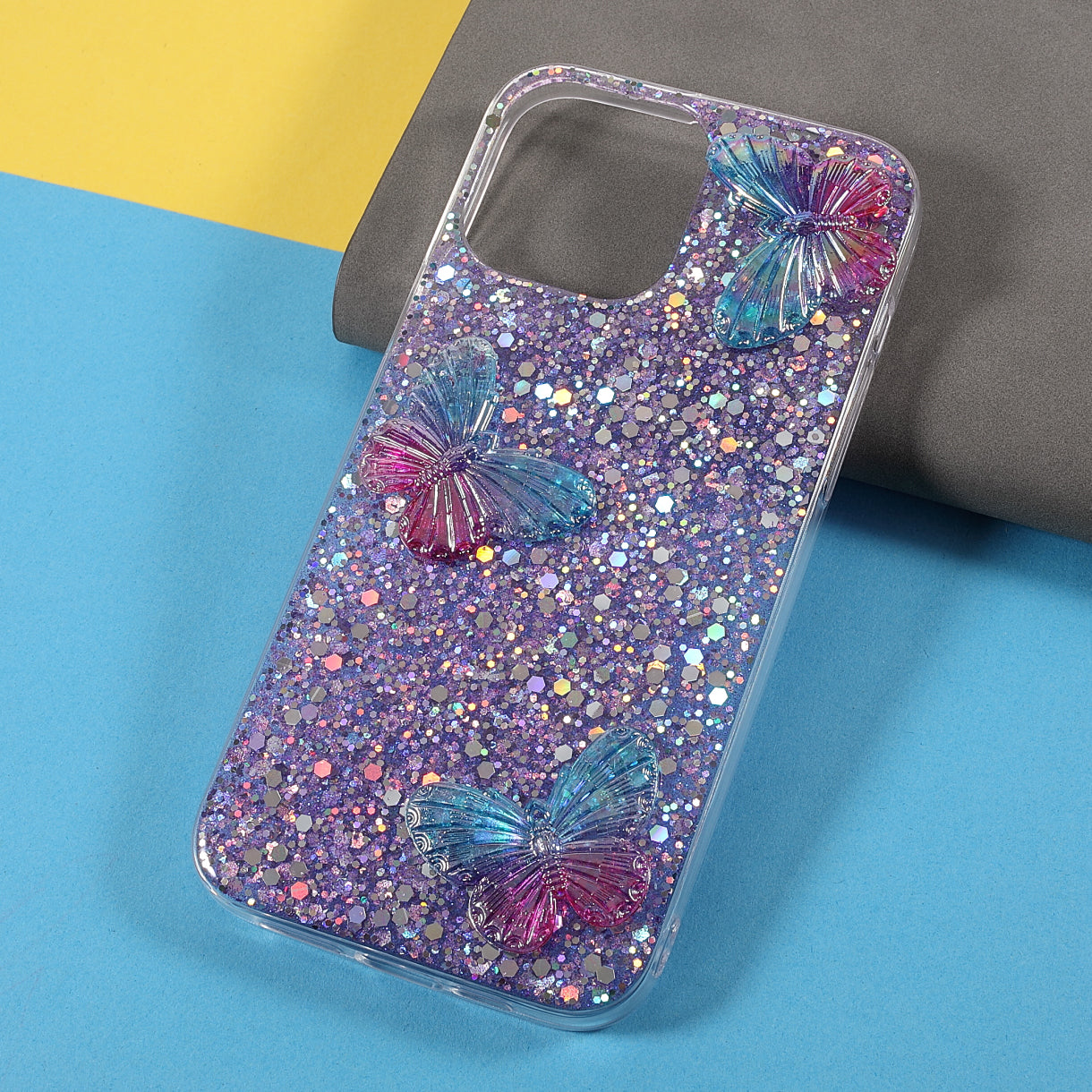 3D Butterfly Pattern Glitter Powder Epoxy TPU Phone Case Protector for iPhone 13 Pro Max 6.7 inch
