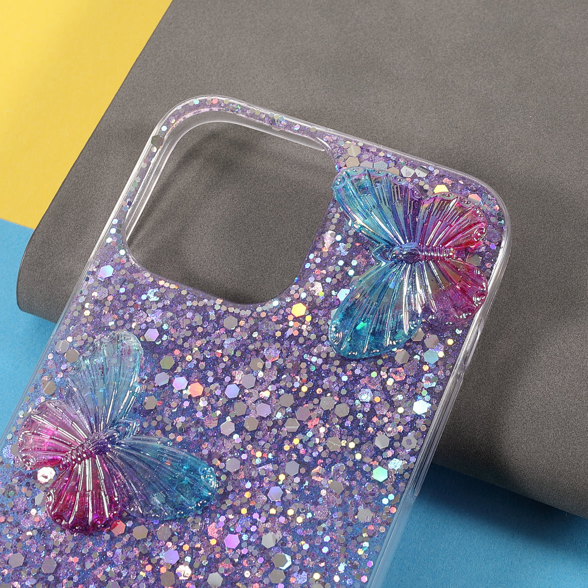 3D Butterfly Pattern Glitter Powder Epoxy TPU Phone Case Protector for iPhone 13 Pro Max 6.7 inch