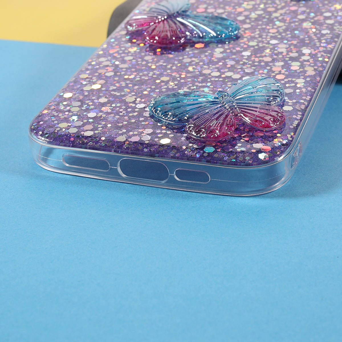 3D Butterfly Pattern Glitter Powder Epoxy TPU Phone Case Protector for iPhone 13 Pro Max 6.7 inch