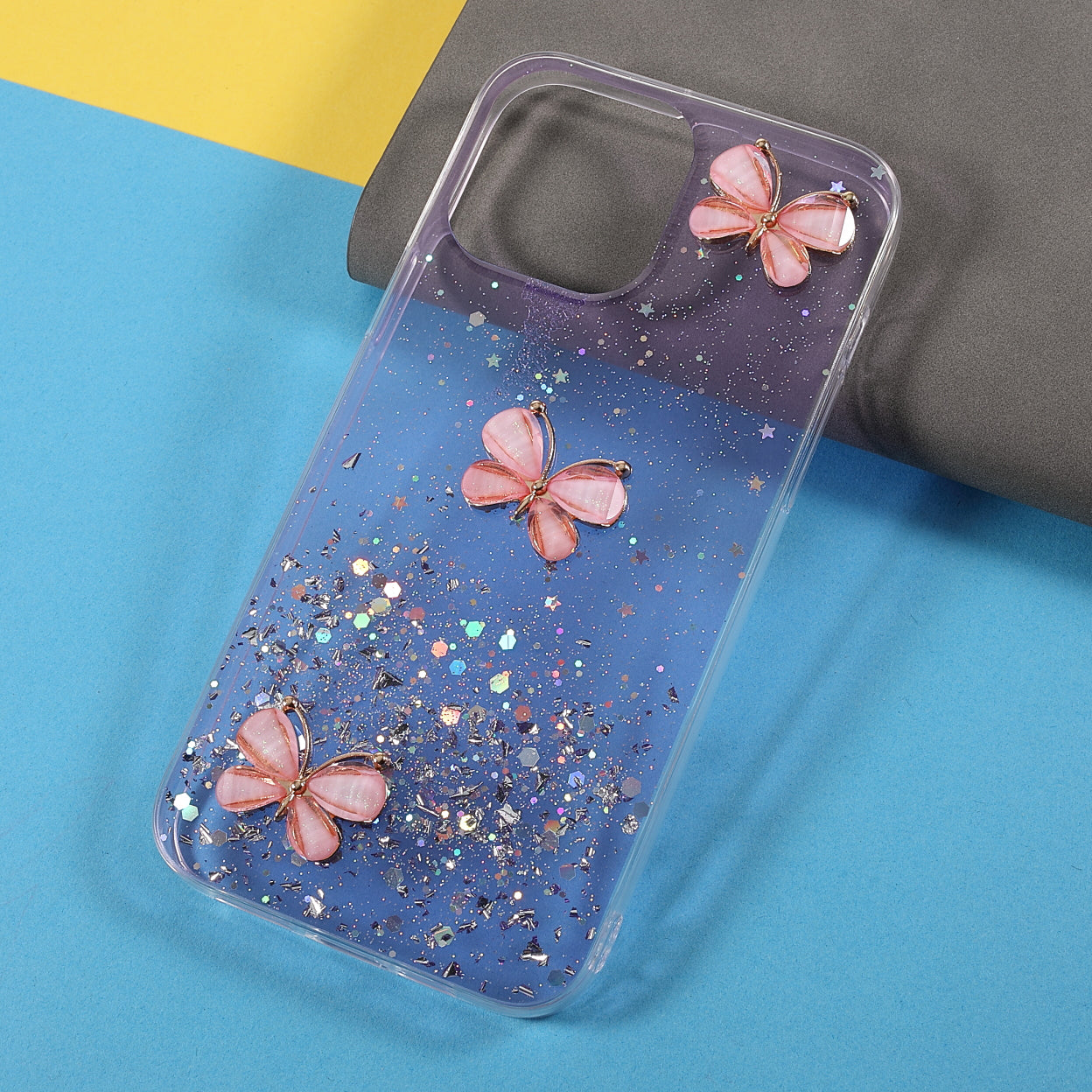3D Butterfly Pattern Glitter Powder Epoxy TPU Phone Case Protector for iPhone 13 Pro Max 6.7 inch