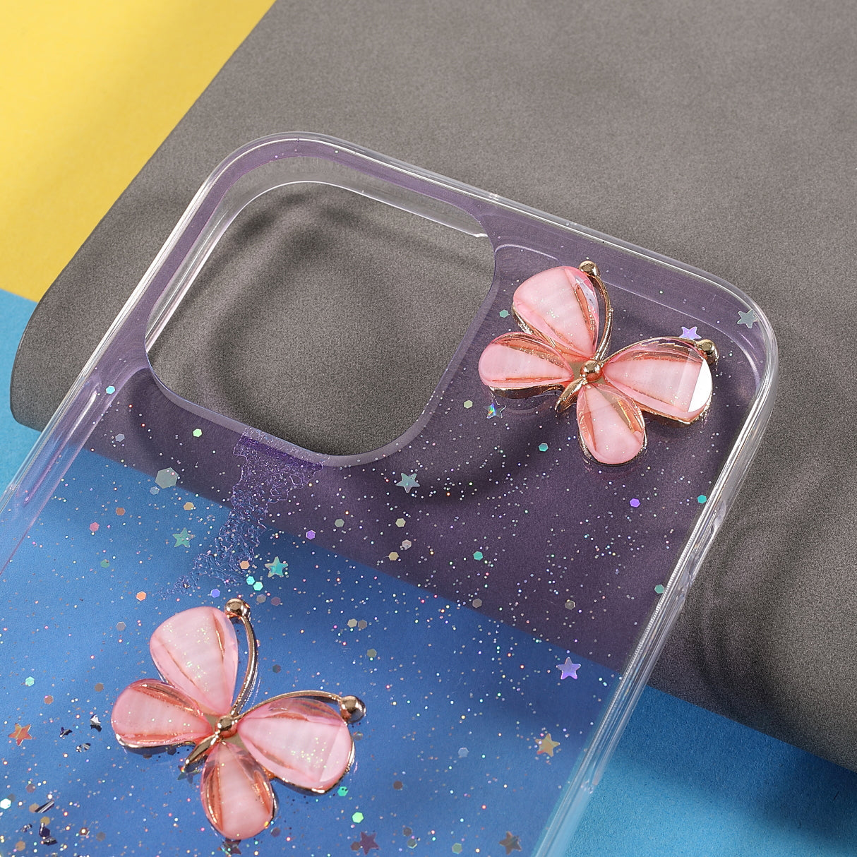 3D Butterfly Pattern Glitter Powder Epoxy TPU Phone Case Protector for iPhone 13 Pro Max 6.7 inch