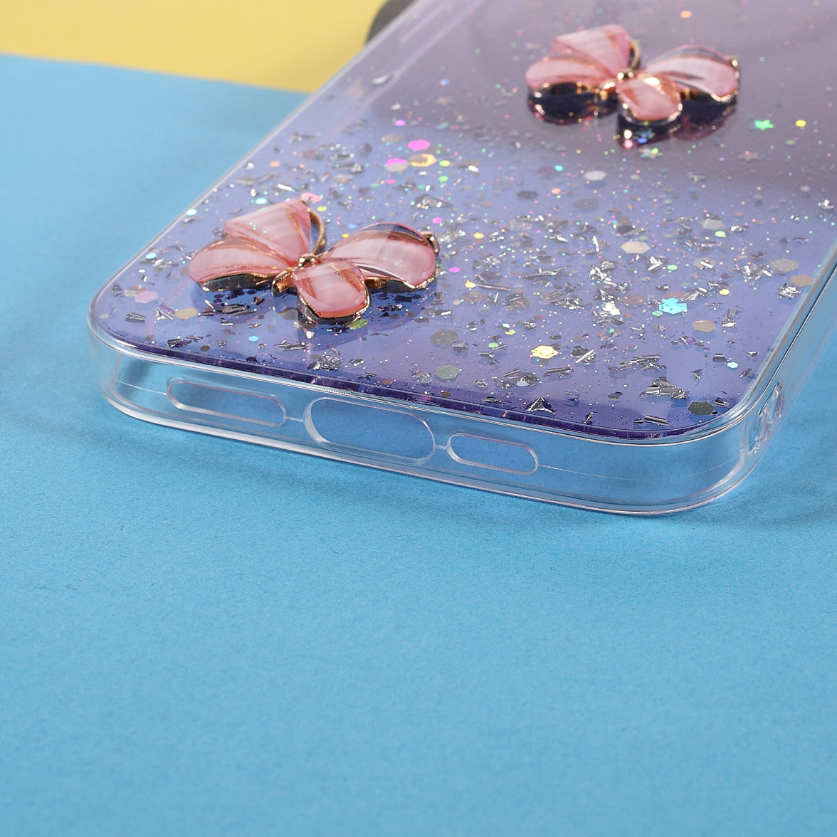 3D Butterfly Pattern Glitter Powder Epoxy TPU Phone Case Protector for iPhone 13 Pro Max 6.7 inch