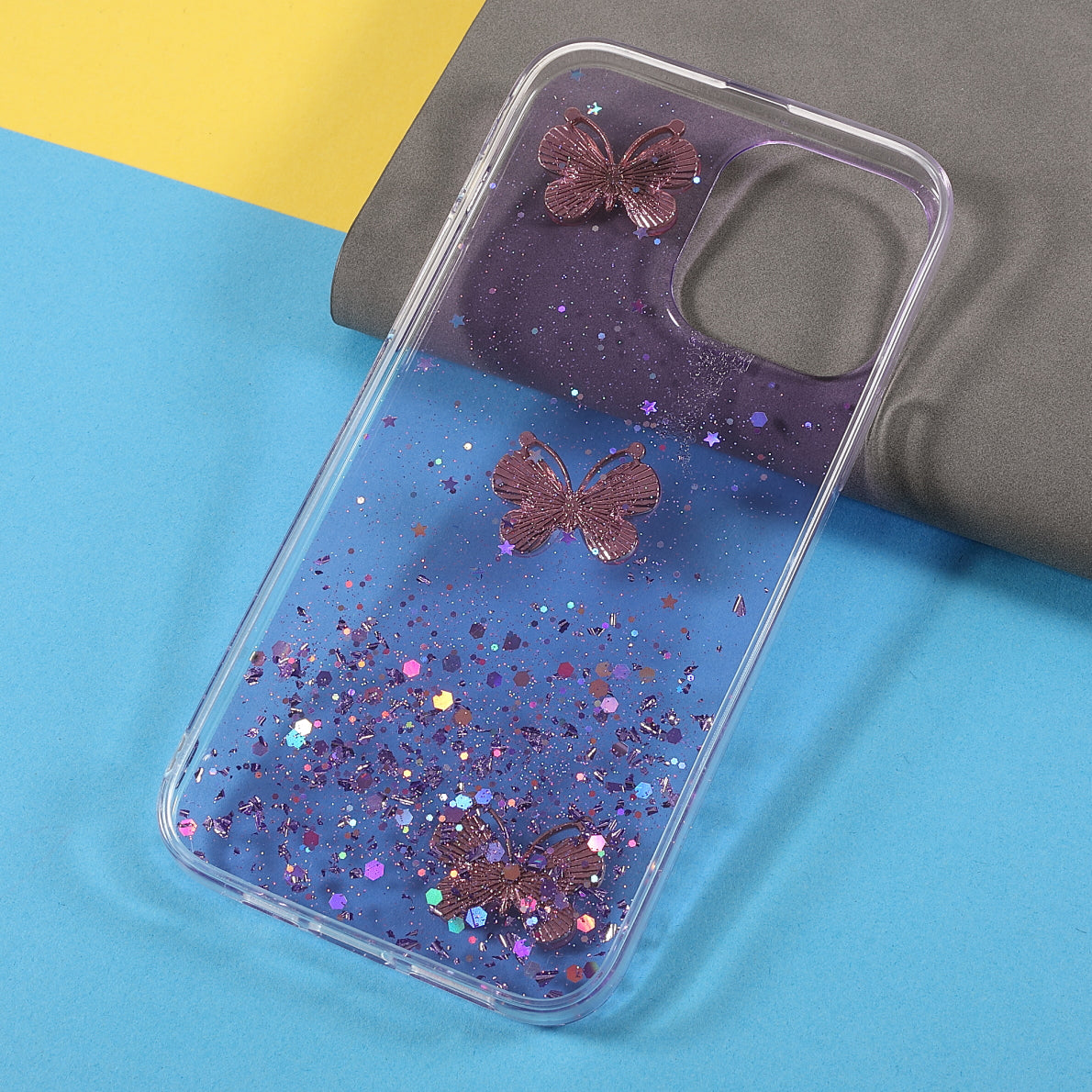 3D Butterfly Pattern Glitter Powder Epoxy TPU Phone Case Protector for iPhone 13 Pro Max 6.7 inch
