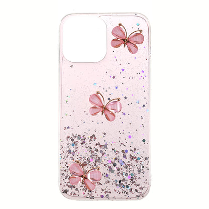 3D Butterfly Pattern Glitter Powder Epoxy TPU Phone Case Protector for iPhone 13 Pro Max 6.7 inch