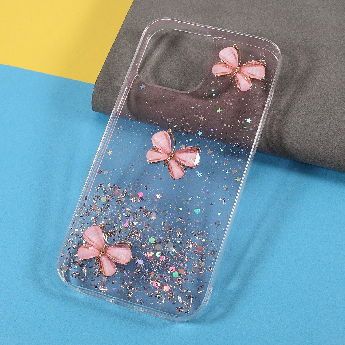 3D Butterfly Pattern Glitter Powder Epoxy TPU Phone Case Protector for iPhone 13 Pro Max 6.7 inch