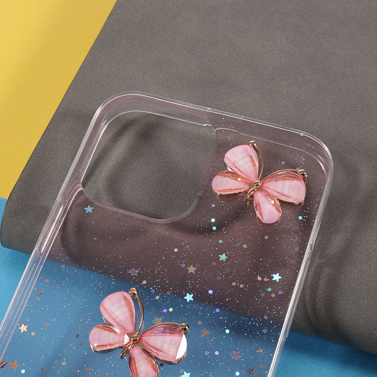 3D Butterfly Pattern Glitter Powder Epoxy TPU Phone Case Protector for iPhone 13 Pro Max 6.7 inch