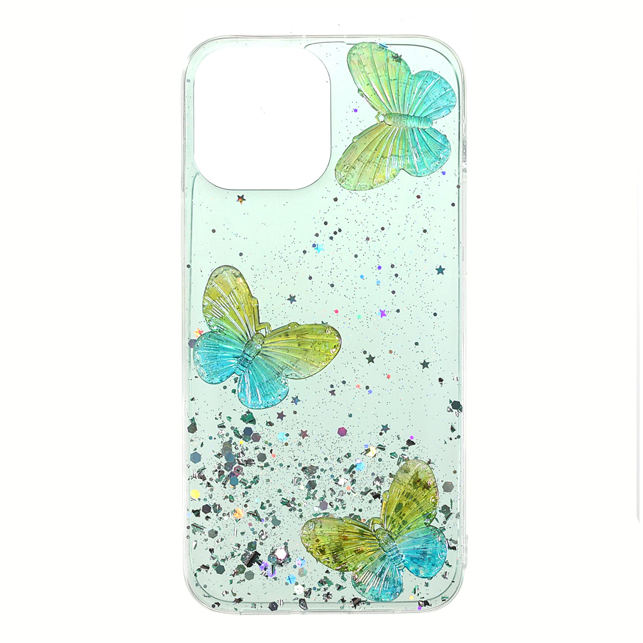 3D Butterfly Pattern Glitter Powder Epoxy TPU Phone Case Protector for iPhone 13 Pro Max 6.7 inch