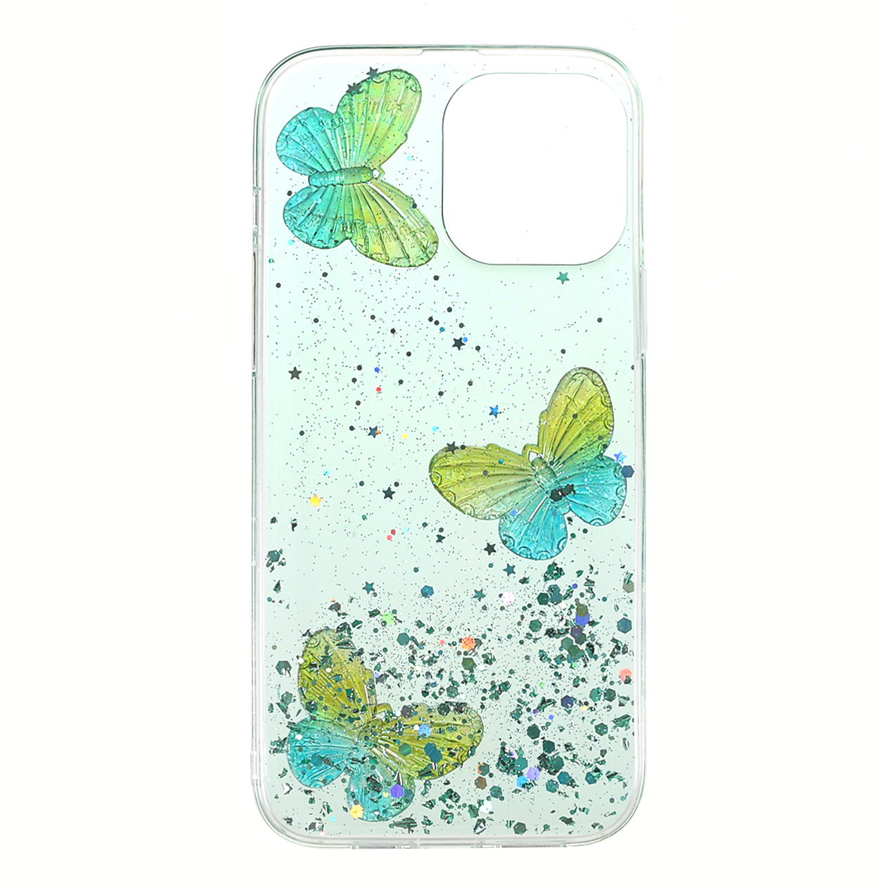 3D Butterfly Pattern Glitter Powder Epoxy TPU Phone Case Protector for iPhone 13 Pro Max 6.7 inch