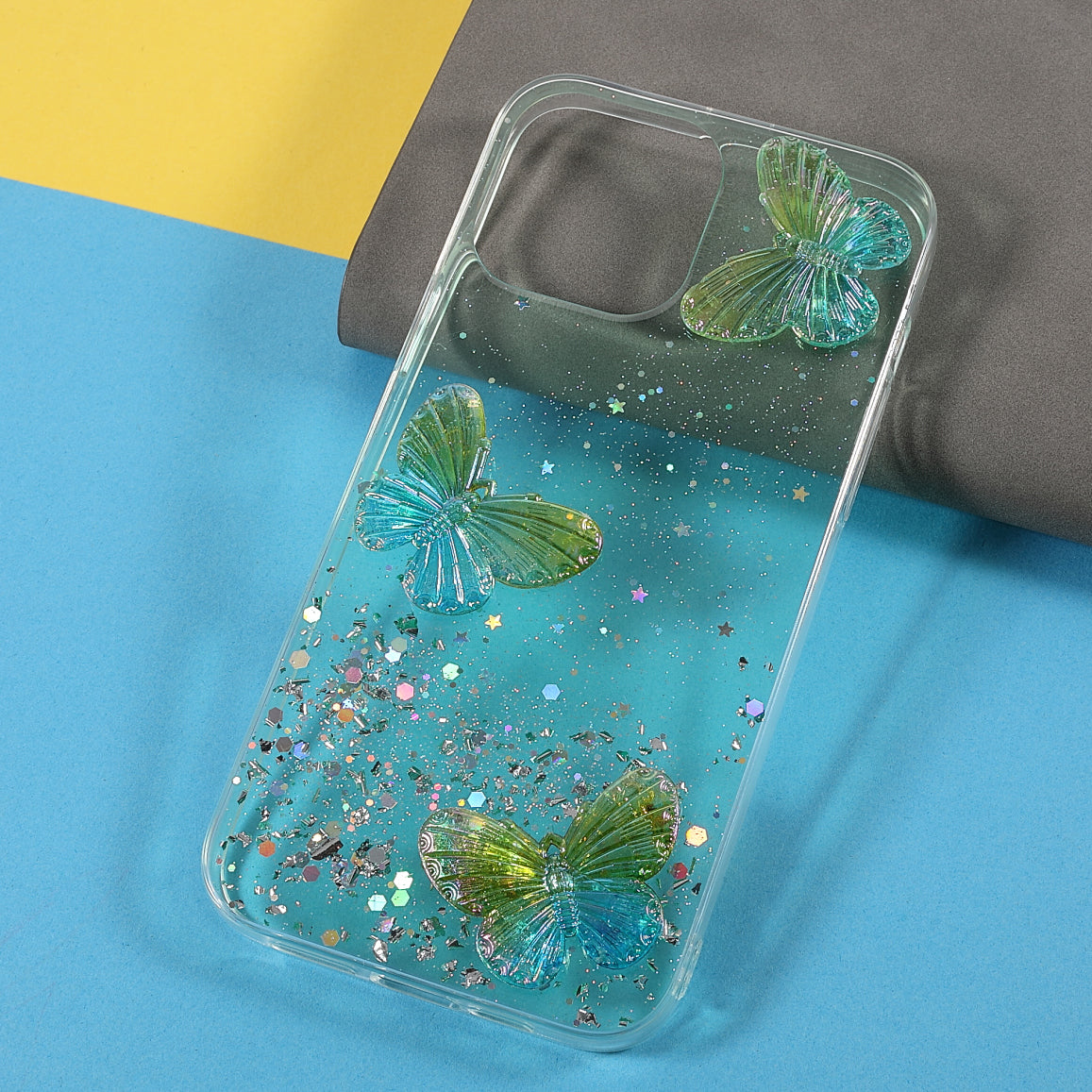 3D Butterfly Pattern Glitter Powder Epoxy TPU Phone Case Protector for iPhone 13 Pro Max 6.7 inch