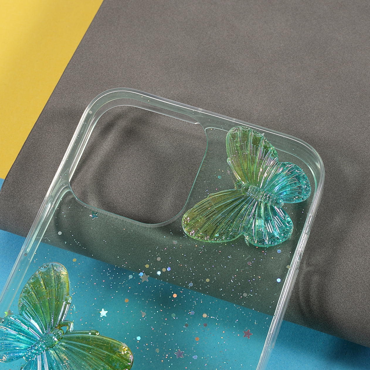 3D Butterfly Pattern Glitter Powder Epoxy TPU Phone Case Protector for iPhone 13 Pro Max 6.7 inch