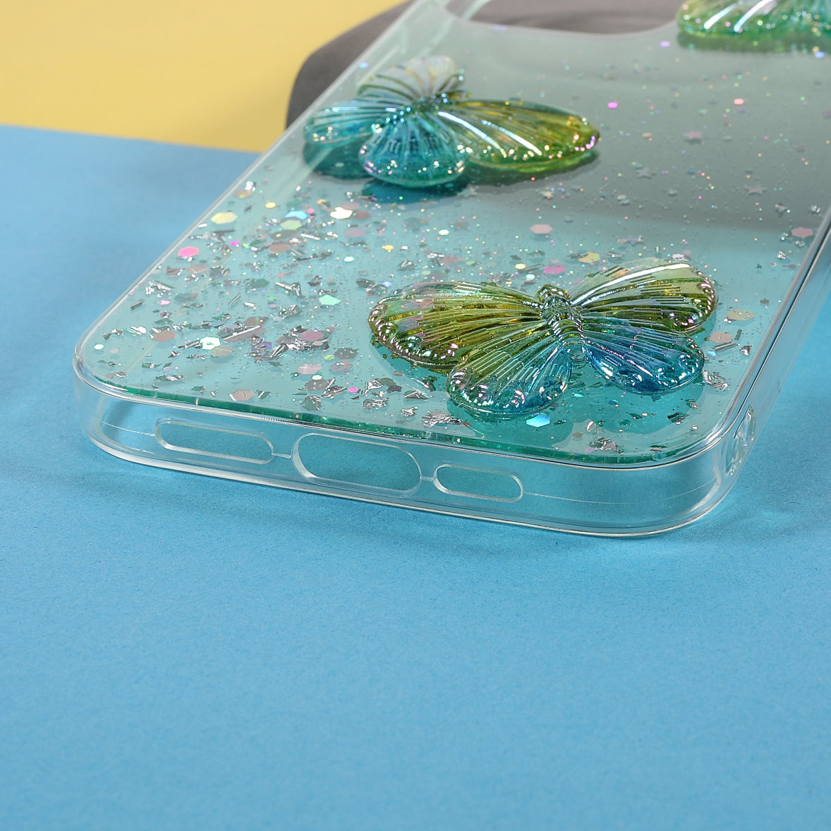 3D Butterfly Pattern Glitter Powder Epoxy TPU Phone Case Protector for iPhone 13 Pro Max 6.7 inch