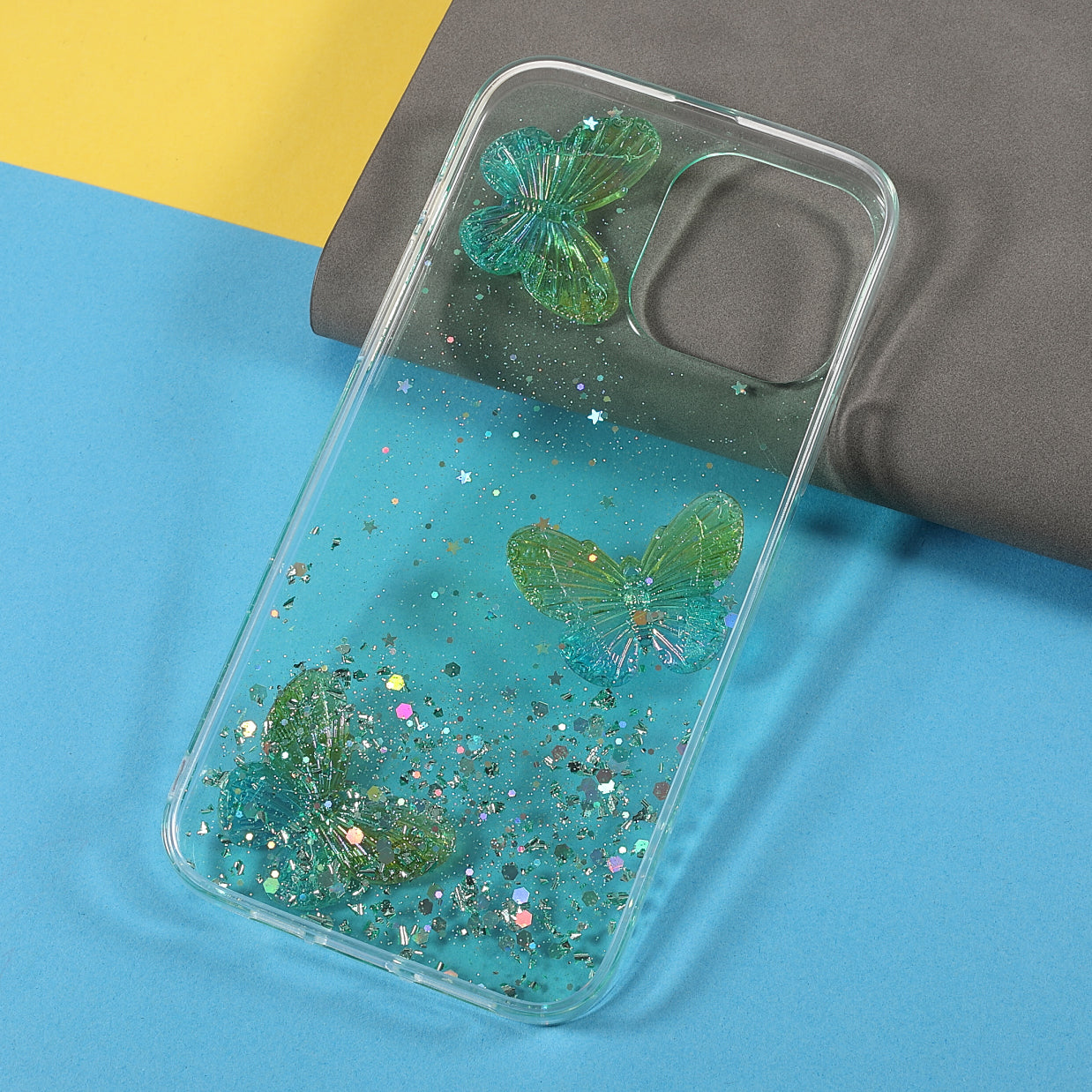 3D Butterfly Pattern Glitter Powder Epoxy TPU Phone Case Protector for iPhone 13 Pro Max 6.7 inch