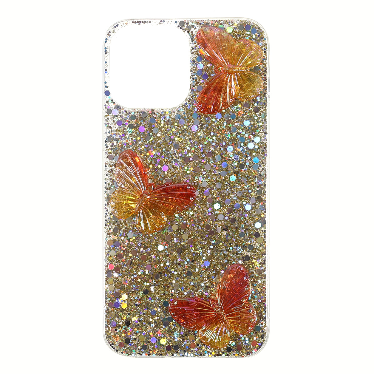 3D Butterfly Pattern Glitter Powder Epoxy TPU Phone Case Protector for iPhone 13 Pro Max 6.7 inch