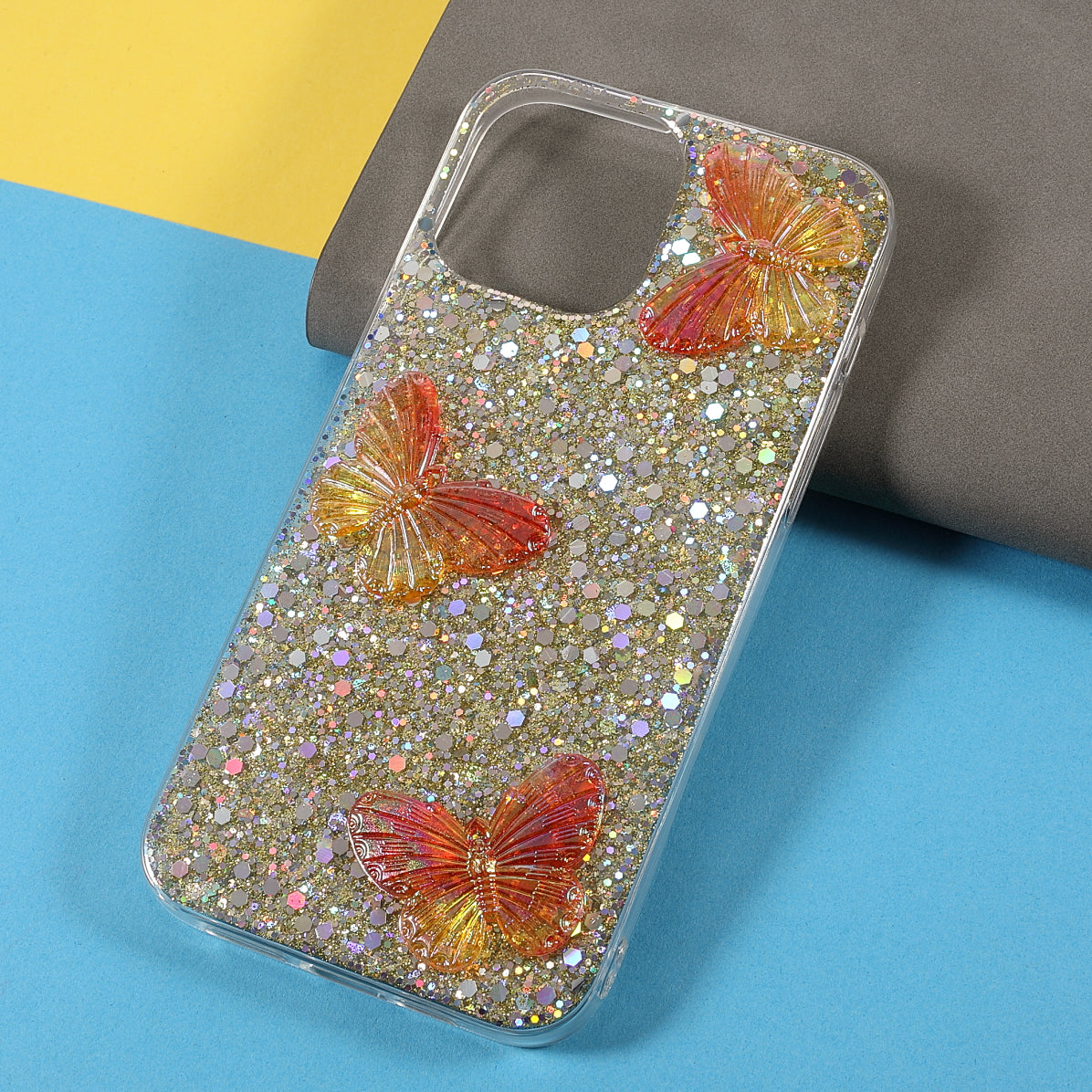 3D Butterfly Pattern Glitter Powder Epoxy TPU Phone Case Protector for iPhone 13 Pro Max 6.7 inch
