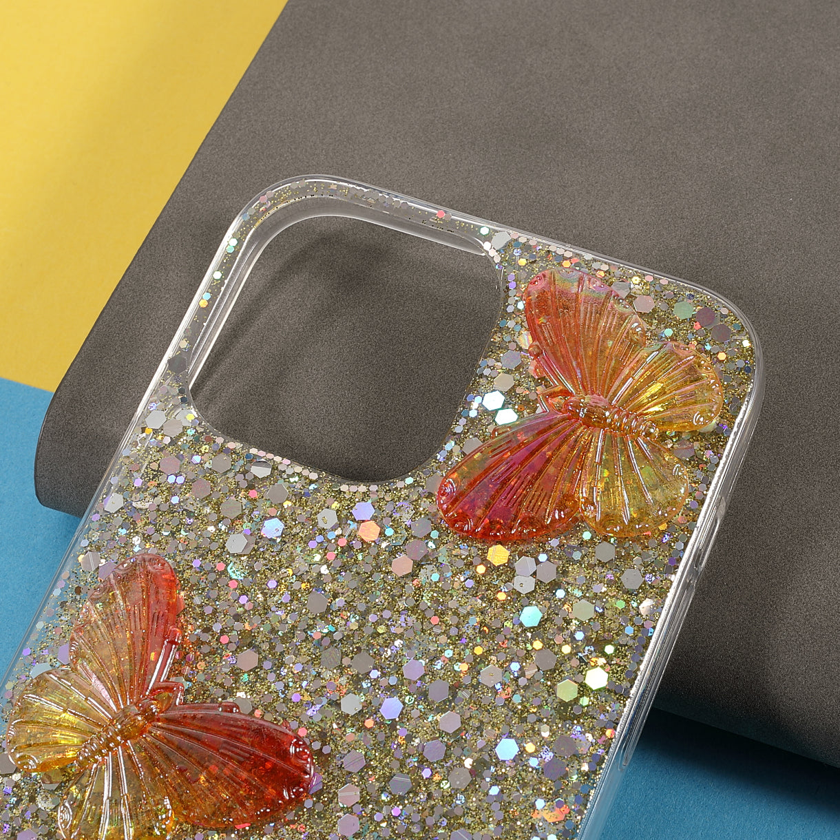 3D Butterfly Pattern Glitter Powder Epoxy TPU Phone Case Protector for iPhone 13 Pro Max 6.7 inch