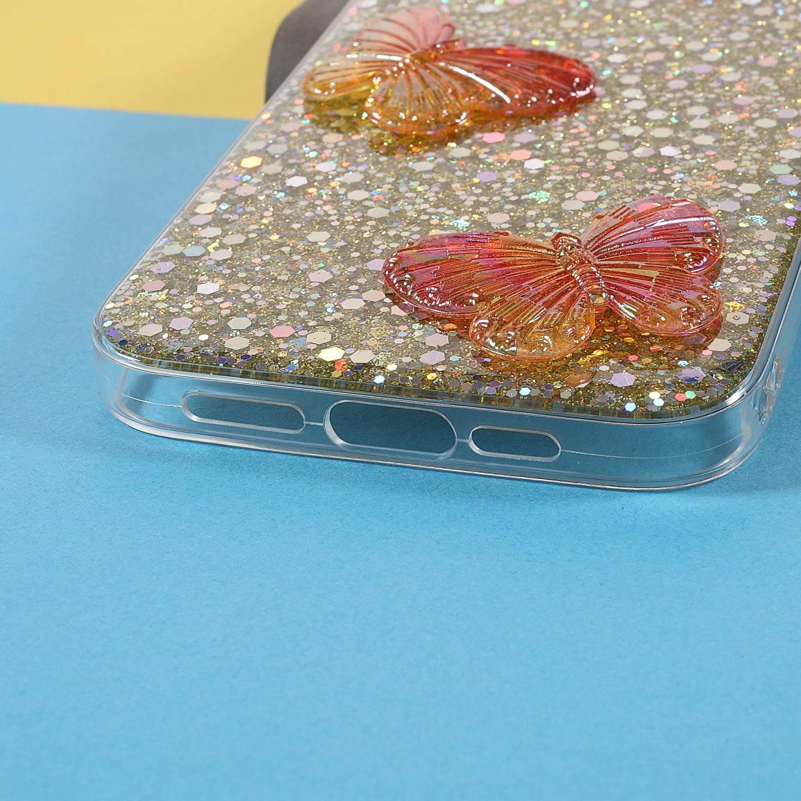 3D Butterfly Pattern Glitter Powder Epoxy TPU Phone Case Protector for iPhone 13 Pro Max 6.7 inch