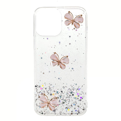 3D Butterfly Pattern Glitter Powder Epoxy TPU Phone Case Protector for iPhone 13 Pro Max 6.7 inch