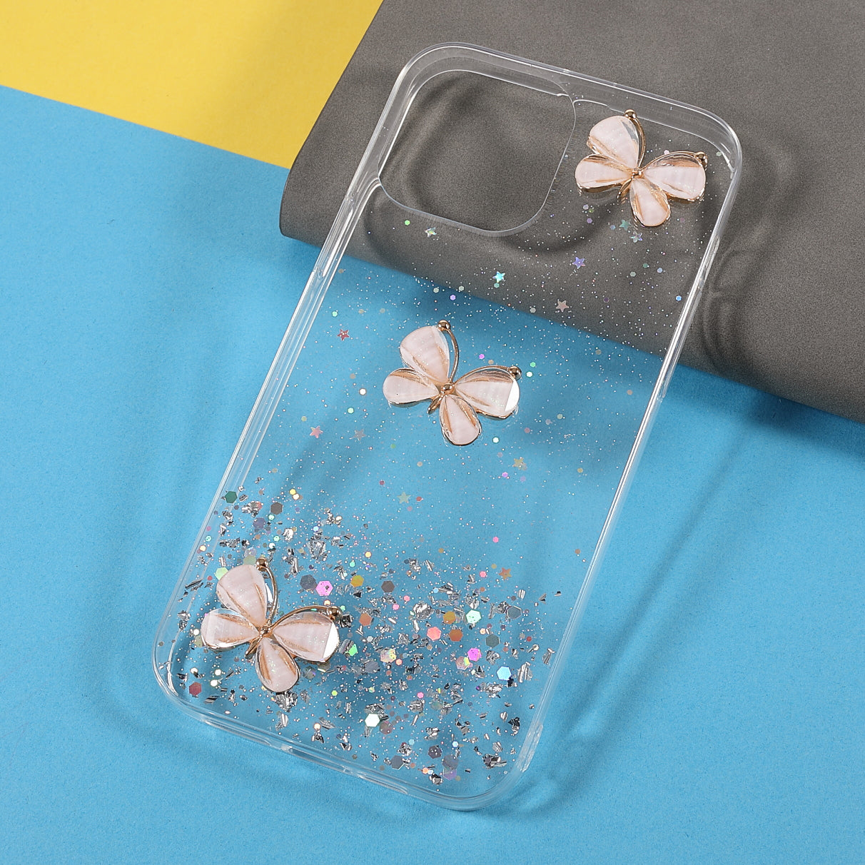 3D Butterfly Pattern Glitter Powder Epoxy TPU Phone Case Protector for iPhone 13 Pro Max 6.7 inch
