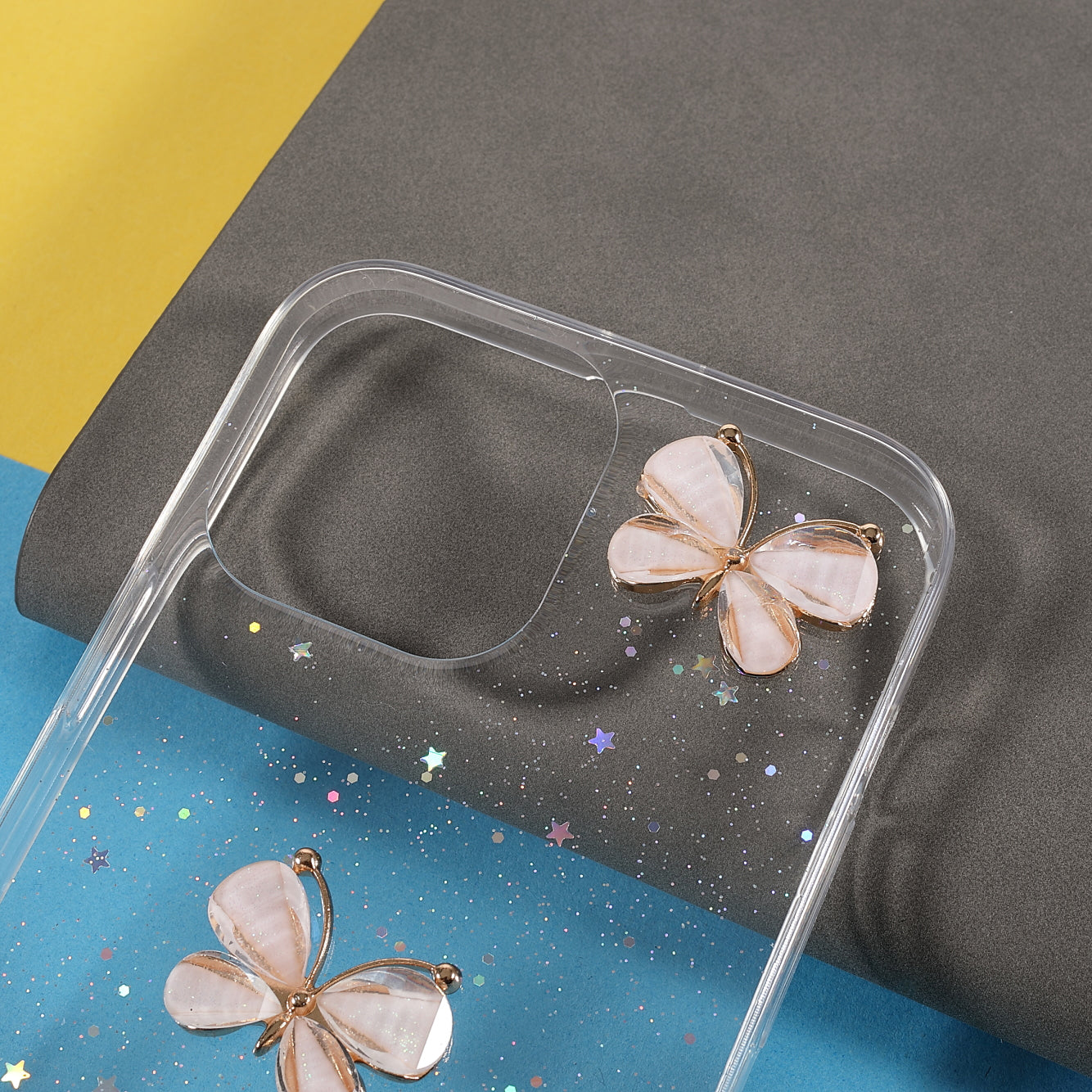 3D Butterfly Pattern Glitter Powder Epoxy TPU Phone Case Protector for iPhone 13 Pro Max 6.7 inch