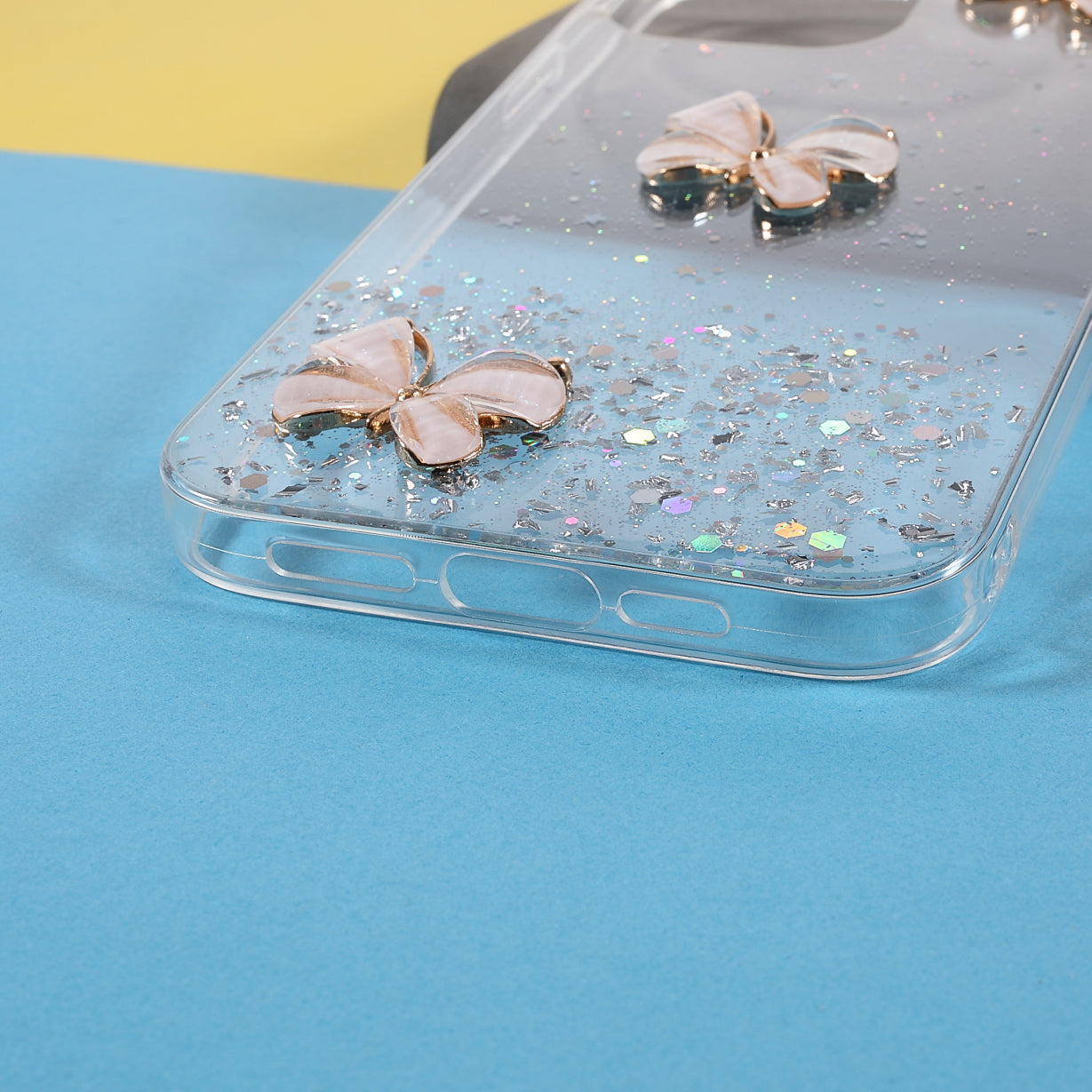3D Butterfly Pattern Glitter Powder Epoxy TPU Phone Case Protector for iPhone 13 Pro Max 6.7 inch
