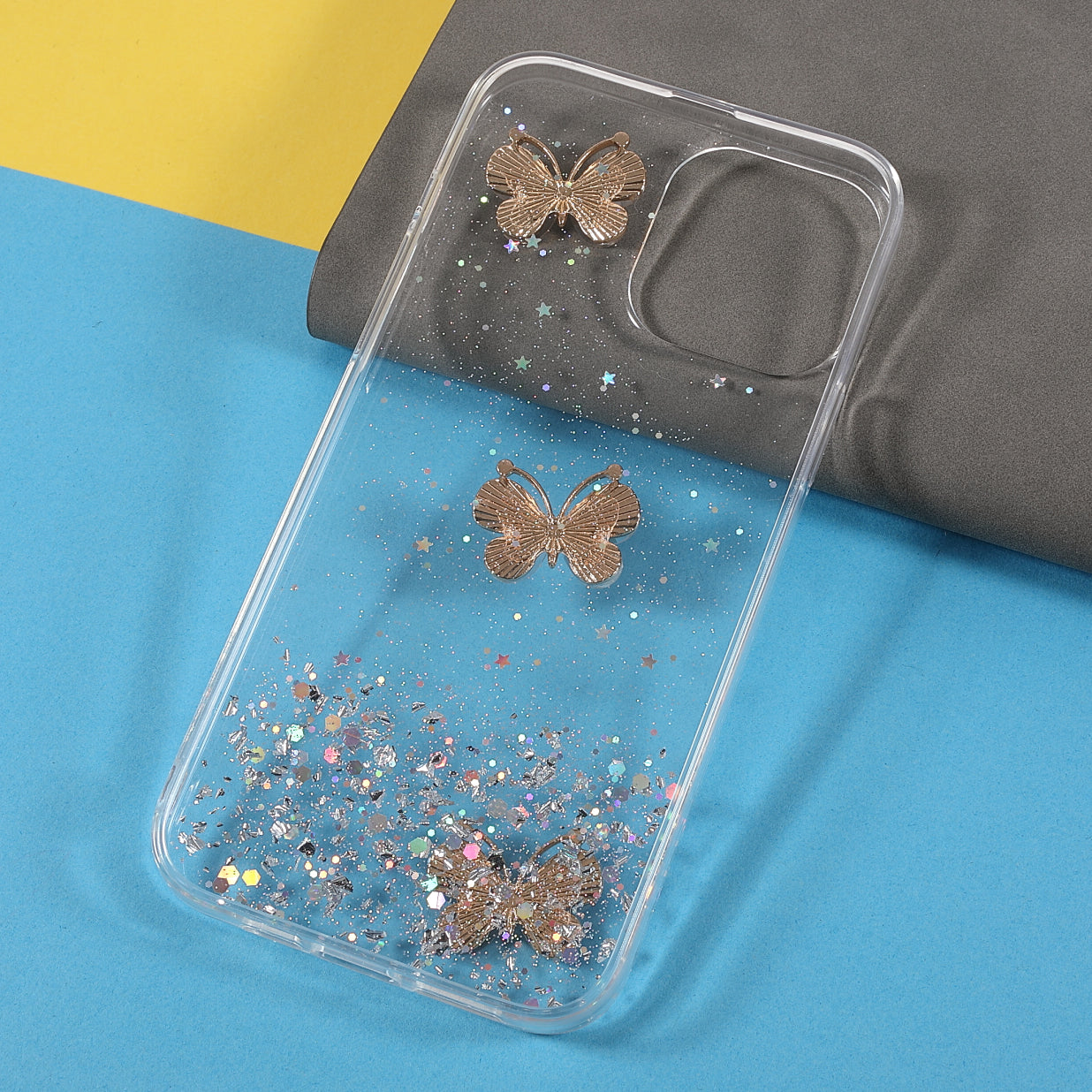 3D Butterfly Pattern Glitter Powder Epoxy TPU Phone Case Protector for iPhone 13 Pro Max 6.7 inch