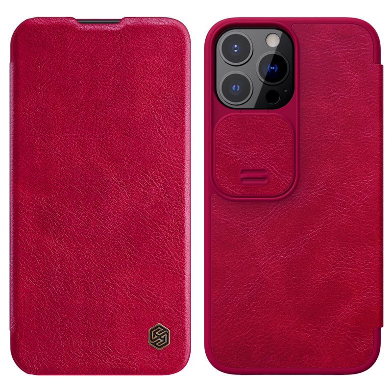 NILLKIN Qin Series Ultra Thin Sliding Cover Design Lens Protection Flip PU Leather Cover with Card Holder for iPhone 13 Pro Max 6.7 inch