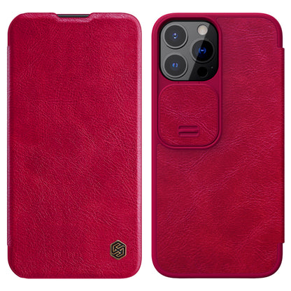 NILLKIN Qin Series Ultra Thin Sliding Cover Design Lens Protection Flip PU Leather Cover with Card Holder for iPhone 13 Pro Max 6.7 inch