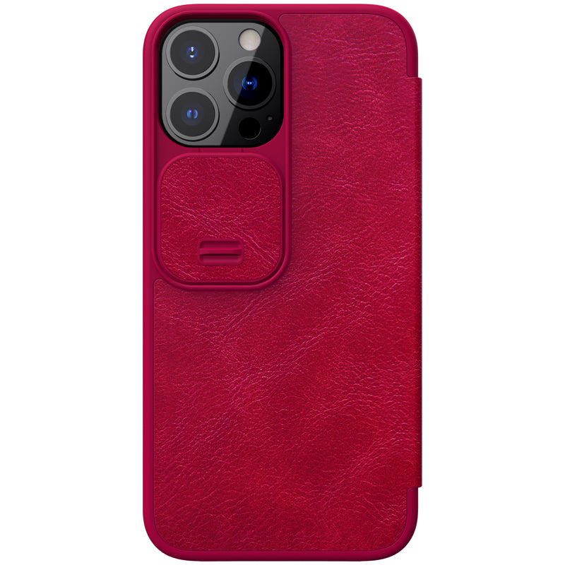 NILLKIN Qin Series Ultra Thin Sliding Cover Design Lens Protection Flip PU Leather Cover with Card Holder for iPhone 13 Pro Max 6.7 inch