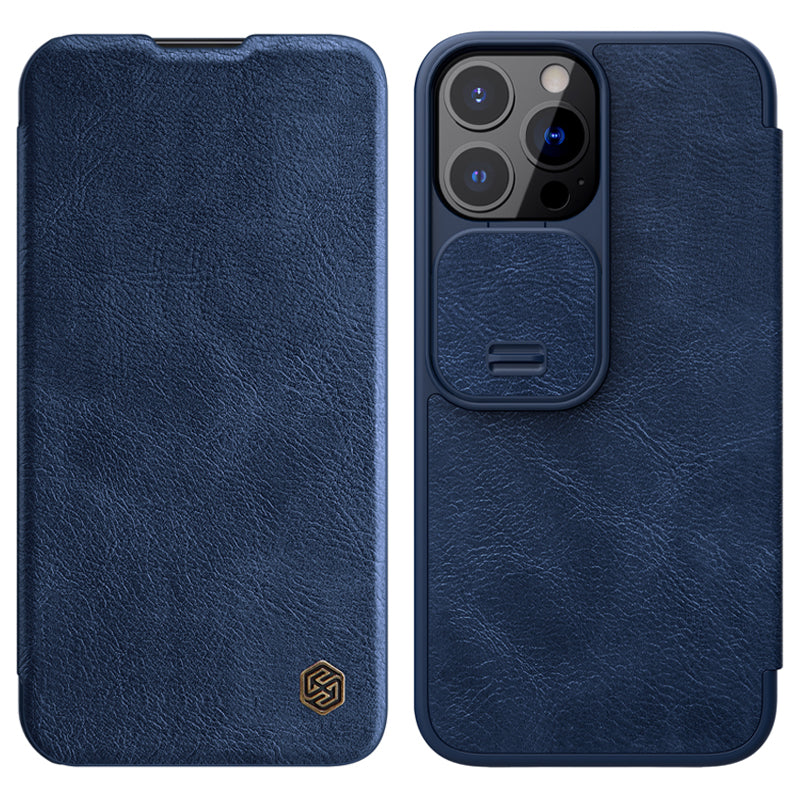 NILLKIN Qin Series Ultra Thin Sliding Cover Design Lens Protection Flip PU Leather Cover with Card Holder for iPhone 13 Pro Max 6.7 inch