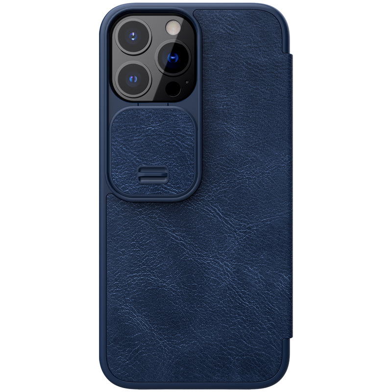 NILLKIN Qin Series Ultra Thin Sliding Cover Design Lens Protection Flip PU Leather Cover with Card Holder for iPhone 13 Pro Max 6.7 inch