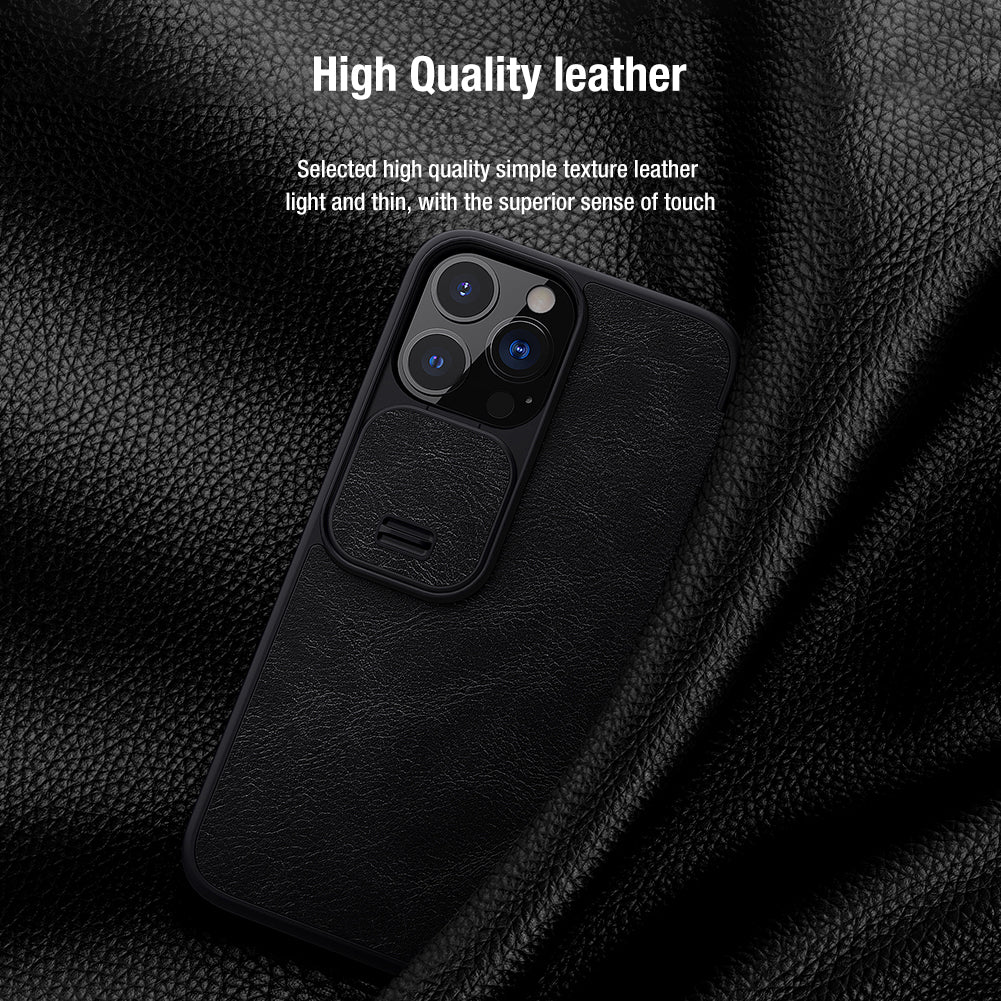 NILLKIN Qin Series Ultra Thin Sliding Cover Design Lens Protection Flip PU Leather Cover with Card Holder for iPhone 13 Pro Max 6.7 inch